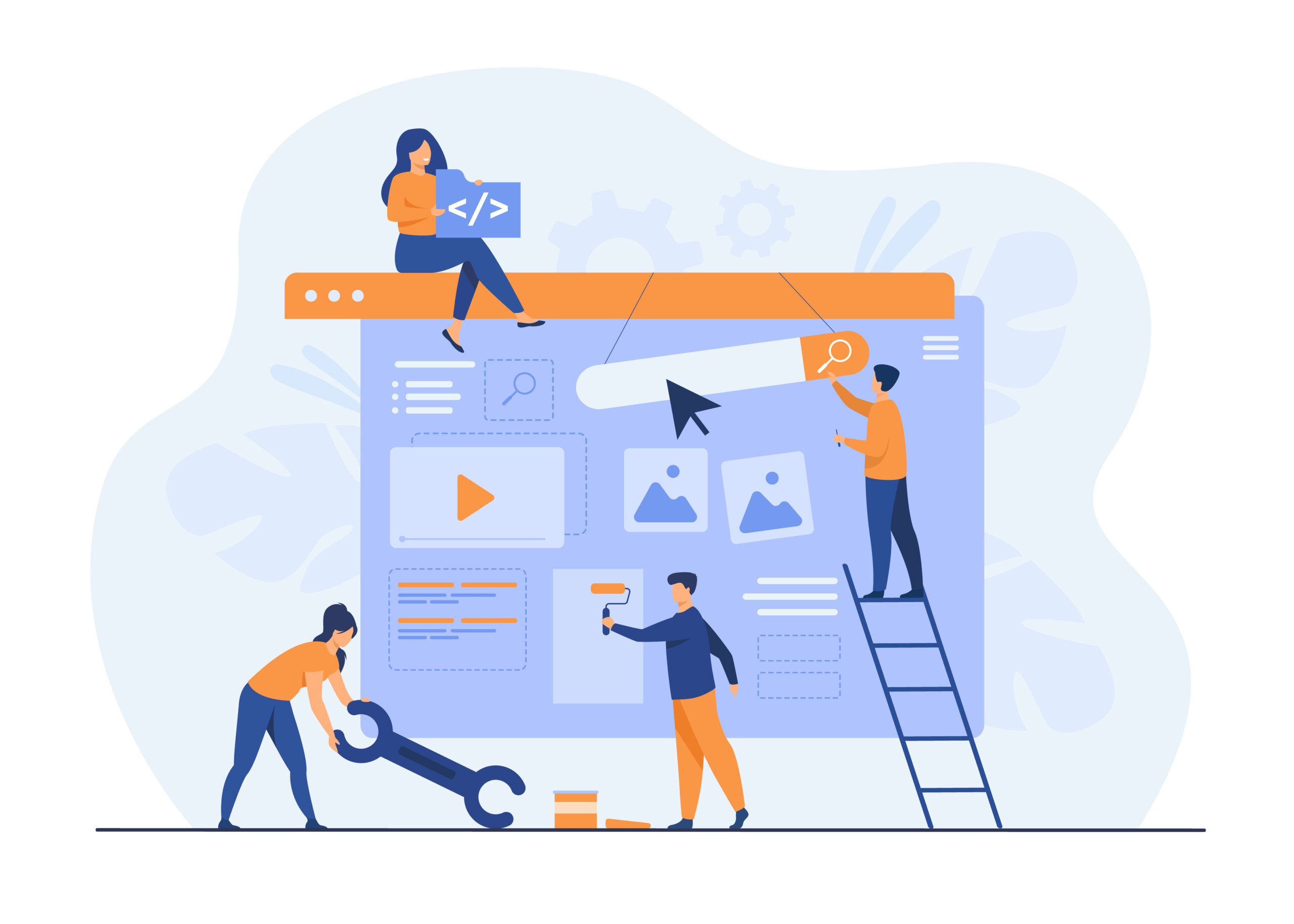 Digital marketing team constructing landing or home page. Tiny people painting units on webpage. Vector illustration for website designers, content managers, internet promotion concept